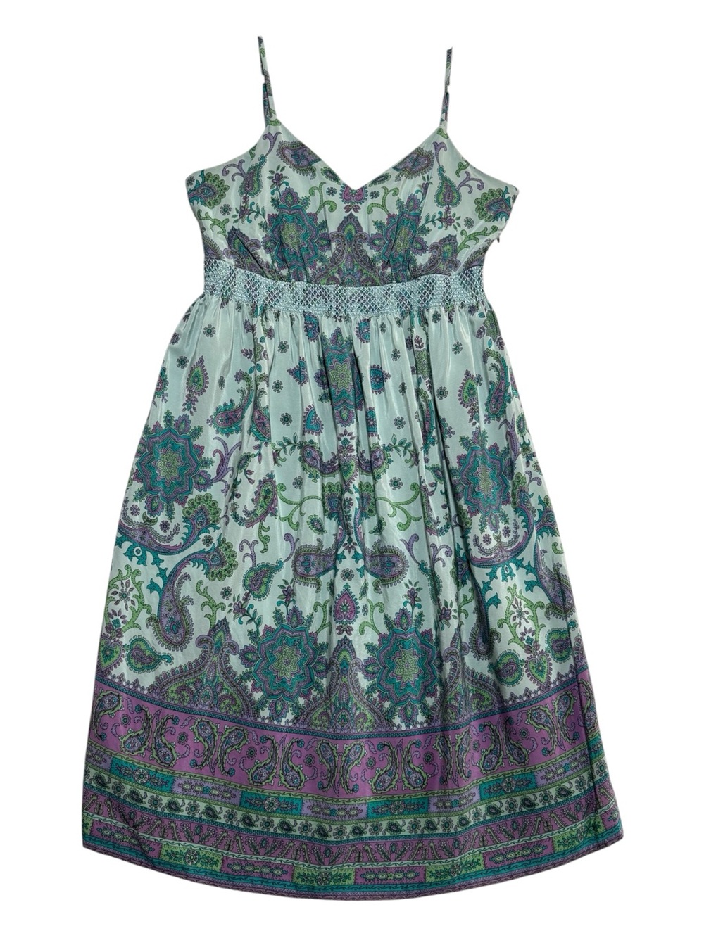 Mimi Maternity Paisley Y2K Silk Empire Waist Sundress Turquoise Purple Small
